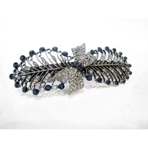 Blue gray silver leaf and bow crystal hair clip barrette bridal hair clip