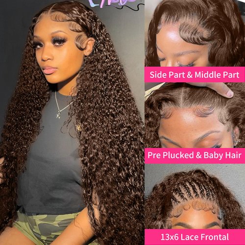 13x6 Chocolate Brown Lace Front Wig Human Hair 30 Inch Deep Wave Lace Front Wigs Human Hair Pre Plucked 180 Density HD Lace Frontal Curly Glueless Wigs Human Hair Colored Brown Wavy Wig Human Hair