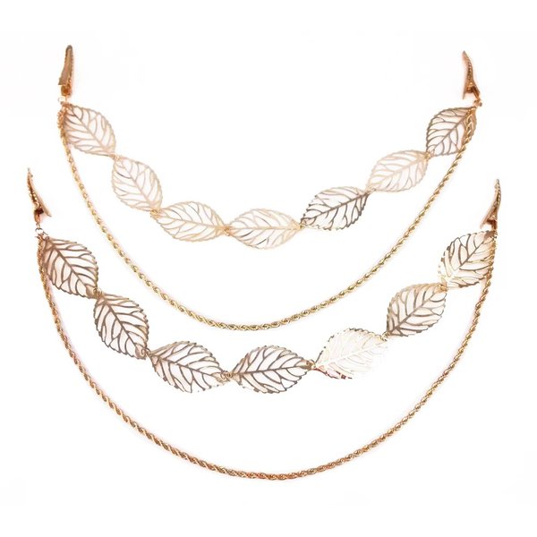 yueton 2pcs Fashion Ladies Hollow Out Leaves Gold Chain Alligator Clips Barrettes Bobby Pin Hair Clips Bride Headwear Edge Clip Clamps Headbands