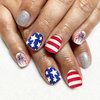 4th of July Press on Nails Short Square Fake Nails with Red White Stripes Fireworks Silver Nail Glitter Designs, Full Cover Independence Day Acrylic False Nails for Women Holiday Glue on Nails 24Pcs