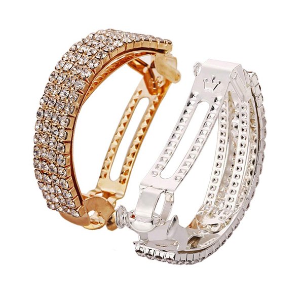 2Pcs Fashion Elegant Rhinestone Hair Clip Ponytail Holder Sparkly Semicircle Metal Spring Hair Clips Barrette Accessories for Women Lady Girl Teen Hair Jewelry,Silver and Gold