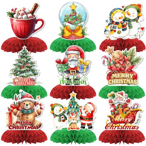 9 PCS Christmas Party Decorations,KSKSPE Christmas Honeycomb Centerpieces for Tables Centerpieces 3D Christmas Theme Party Decor Supplies Boys Girls