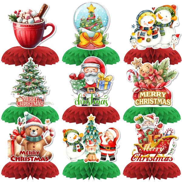 9 PCS Christmas Party Decorations,KSKSPE Christmas Honeycomb Centerpieces for Tables Centerpieces 3D Christmas Theme Party Decor Supplies Boys Girls
