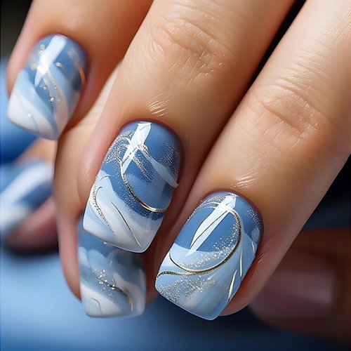 Tyuimhx Blue White Gradient Press on Nails Short Square Fake Nails Ombre False Nails With Gold Line Design Full Cover Stick on Nails Summer Acrylic Artificial Nails for Women Girls Glue on Nails 24Pcs