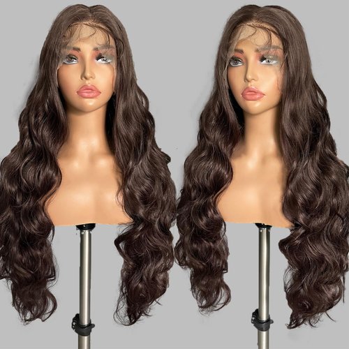 SOKU 13x6 Body Wave Lace Front Wigs Synthetic 28 Inch Natural Wave Wigs with Baby Hair Brown Lace Frontal Wigs Pre Plucked Free Part HD Transparent Lace Wigs for Women Girls Daily