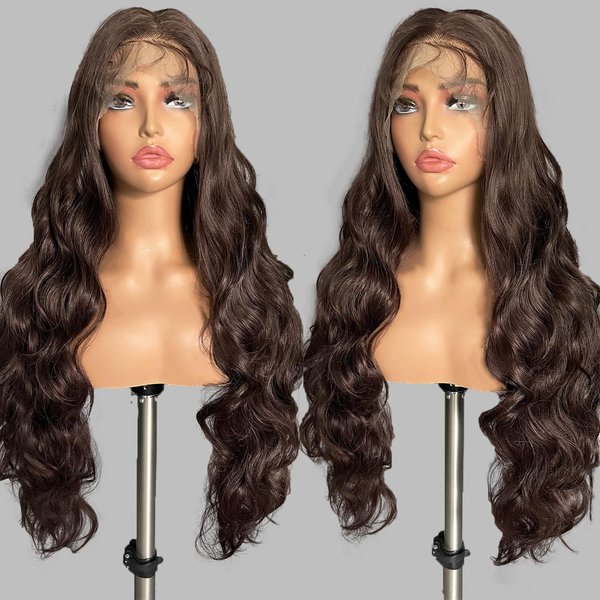 SOKU 13x6 Body Wave Lace Front Wigs Synthetic 28 Inch Natural Wave Wigs with Baby Hair Brown Lace Frontal Wigs Pre Plucked Free Part HD Transparent Lace Wigs for Women Girls Daily