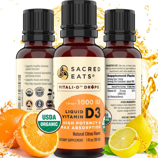Organic Liquid Vitamin D Drops for Kids & Adults, Sugar Free. Easy to Use 1,000 IU / Drop in Coconut MCT Oil. Lasts Months, Best for High Doses. Max Absorption Vit D3 Supplement. Great Taste (Citrus)