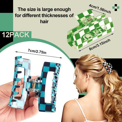 12 Pieces Hair Claw Clip 3.2 Inch Multicolored Checkered Hair Clips Nonslip Plaid Rectangle Claw Clip Strong Hold Y2k Hair Accessories Styling Claw Clamps for Women Girls Thick Thin Hair, 12 Styles