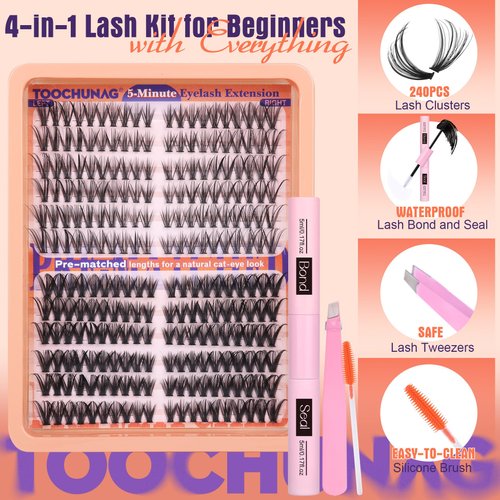 TOOCHUNAG Cat Eye Lash Clusters Kit Wispy DIY Lash Extension Kit Natural Eyelash Extension Kit 7-16mm Individual Cluster Lashes Extensions with Lash Bond and Seal, Tweezers, Brushes(30D+40D-CD Curl)