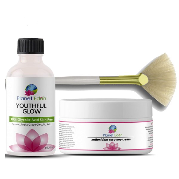 Planet Eden 30% Glycolic Acid Chemical Skin Peel Kit with Antioxidant Recovery Cream and Fan Brush Diminish sun damage