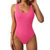 Limeeke Women One Piece Swimsuit Solid Ribbed Monokini Swimwear Scoop Neck Low Back Bathing Suit Hot Pink M