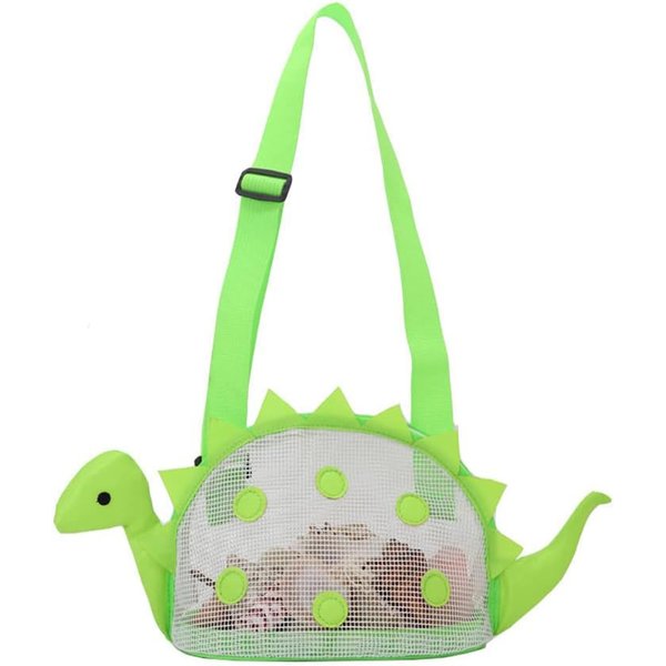 KMDJG Beach Toy Mesh Beach Bag, Kids Shell Collecting Bag, Dinosaur Beach Toy Bag Totes for Holding Shells Beach Toys, Swimming Accessories for Boys Girls Picking Up Shells and Toys (Green)