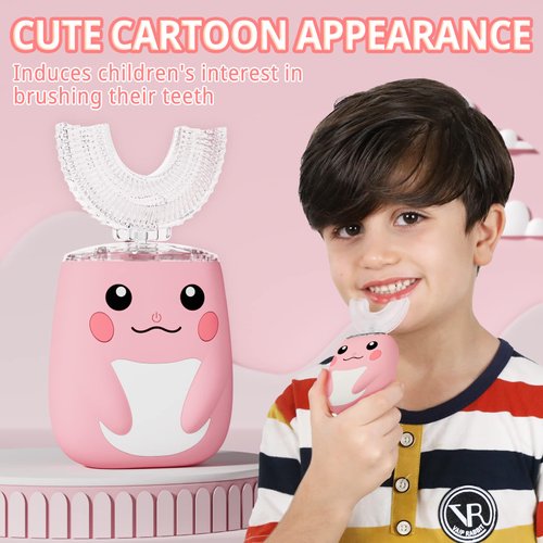 ELOTAME Kids Electric U Shaped Toothbrush,Toddler Sonic Toothbrush with 6 Soft Brush Head Automatic Toothbrush Rechargeable 6 Cleaning Modes IPX7 Waterproof 360 Degree Cleaning -Age2-7 Pink
