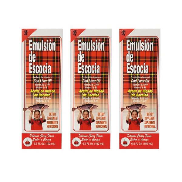 Emulsion de Escocia Cod Liver Oil Dietary Supplement. Rich in Vitamins A, D, E and B1. Cherry Flavoured. 6.5 Fl Oz / 192 mL. Pack of 3