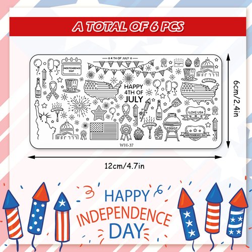Whaline 6 Sheets Patriotic Nail Stamping Plates Kit Happy 4th of July American Flag Stars Gnome Image Stamp Templates 4th of July Nail Art Plates for Independence Day DIY Print Manicure Salon Design