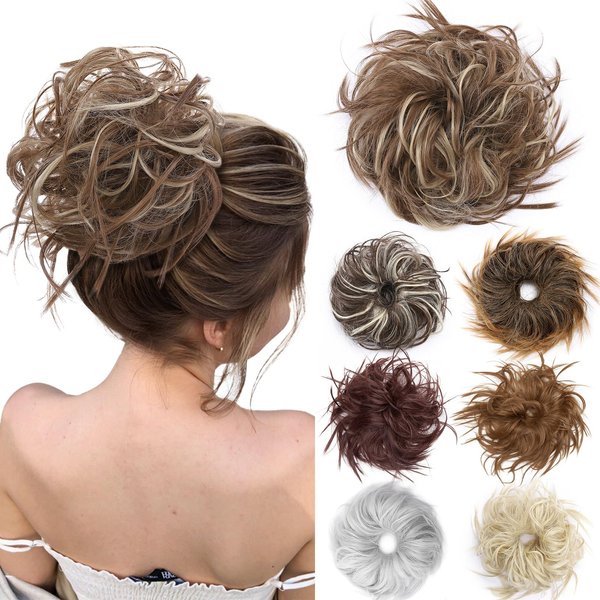 Benehair Tousled Updo Messy Bun Hair Piece Fluffy Scrunchy for Women Wavy Hair Bun Scrunchies Donut Hairpiece Synthetic Ponytail Chignons with Elastic Rubber Band Light Brown mix Ash Blonde 1pc 45g