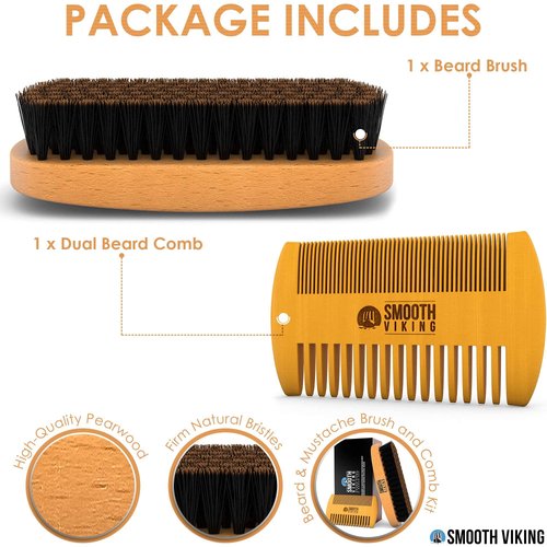Smooth Viking Beard Brush & Comb Gift Set for Men - Natural Boar Bristle Hair Brush & Wooden Comb - Facial Hair Styling, Grooming & Shaping Tools