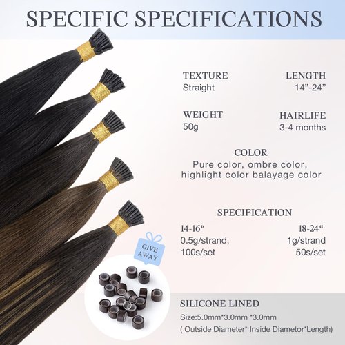 DOORES I Tip Hair Extensions Real Human Hair, Balayage Dark Brown to Chestnut Brown 18 Inch 50g/50s,I Tips Hair Extensions Human Hair Invisible I Tips Extensions Cold Fusion Hair Extensions Straight