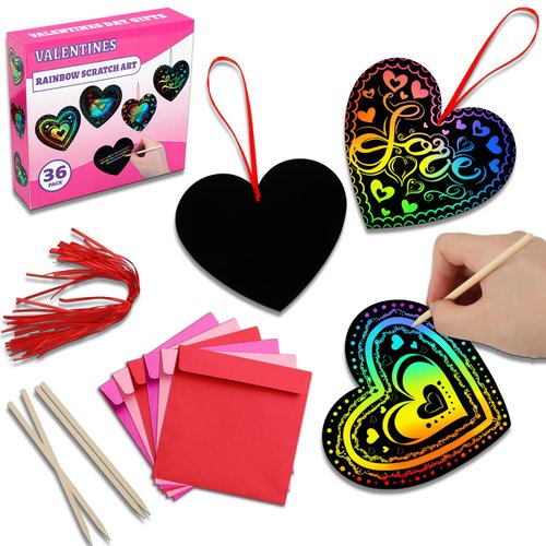 MDCGFOD 36 Pack Valentines Day Gifts for Kids, Rainbow Scratch Heart Crads Valentine Crafts for Kids - Create Magic Color Scratch Art for School Classroom Game Prizes Valentines Party Favors