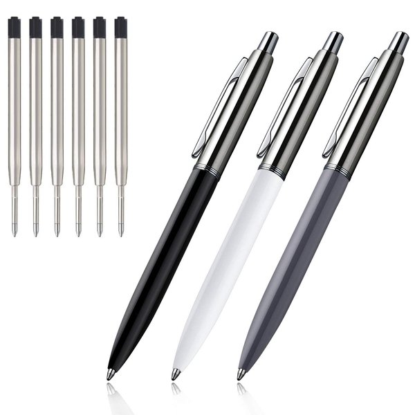 ChaoQ Ballpoint Pen, 3 Pcs Retractable Metal Ballpoint Pens, for Gift, Business, Office, 1.0mm Medium Point Black Ink, 6 Extras Replaceable Metal Refills, (3 Pens and 6 Refills) - Black, White, Gray