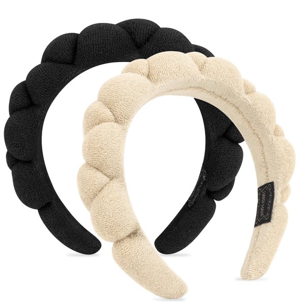 WHAVEL 2 Pack Spa Headband for Washing Face, Get Ready Headband Soft Terry Cloth Headbands Puffy Hair Band for Face Washing, Skincare, Makeup (Khaki, Black)