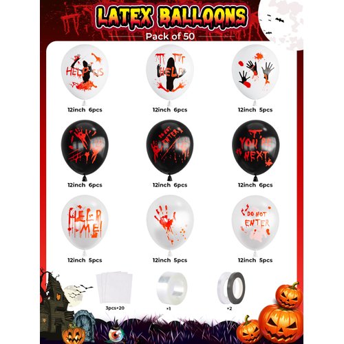 Horror Balloons, 12 Inch Bloody Balloons, Scary Halloween Balloons with Blood Handprint Zombie Latex Balloons for Horror Birthday Decorations Vampire Haunted House Party Supplies