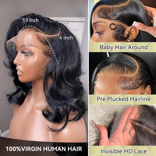 14 Inch Bob Wig Human Hair Glueless 13X4 HD Lace Front Wigs Human Hair Pre Plucked 180 Density 100% Real Human Hair Short Wavy Bob Wigs for Black Women Super Soft and Natural Black Color