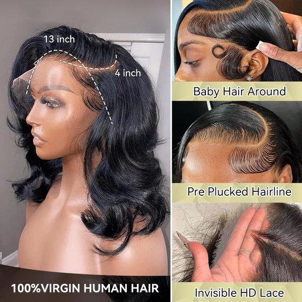 14 Inch Bob Wig Human Hair Glueless 13X4 HD Lace Front Wigs Human Hair Pre Plucked 180 Density 100% Real Human Hair Short Wavy Bob Wigs for Black Women Super Soft and Natural Black Color
