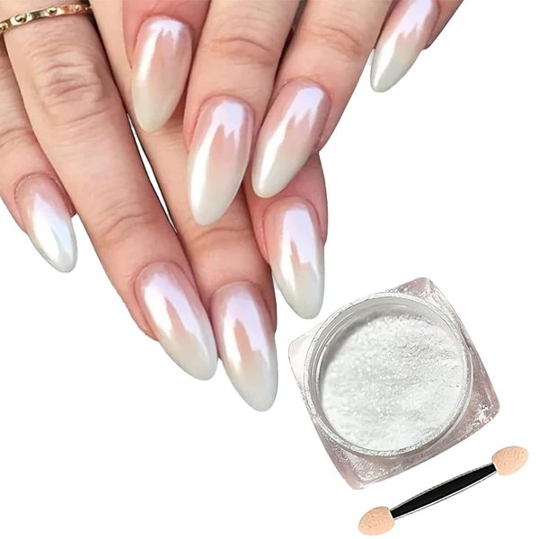 White Pearl Chrome Nail Powder, Mirror Effect Aurora Magic Pearlescent Nail Jewelry Glitter Powder Holographic Pigment Mermaid Pearl Neon Ice Aurora Dust Nail Powder DIY Nail Art Decorations 1 Pack
