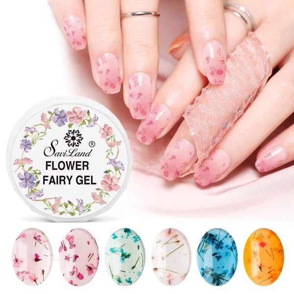 Saviland Dried Flower Gel Nail Polish, 6 Colors Soak Off U V LED Nail Varnish Decoration Manicure Nail Art Design Kit (Pink Blue Yellow)
