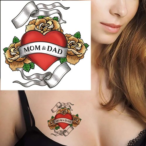 Dopetattoo 6 Sheets Temporary Tattoos Heart Rose Mom Dad Art Family Tattoo Fake tattoos Mom Heart Neck Arm Chest 3.7 Inch