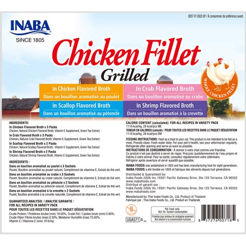 INABA Natural, Premium Hand-Cut Grilled Chicken Fillet Cat Treats/Topper/Complement with Vitamin E and Green Tea Extract, 0.9 Ounces Each, 10 Pack, Variety Pack