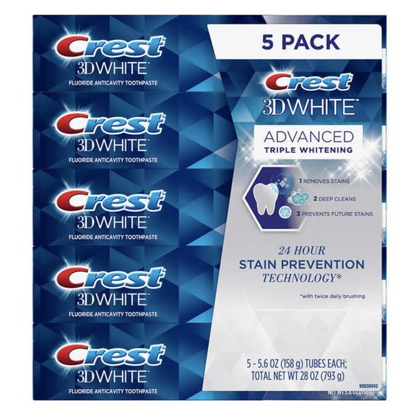 Crest 3D White Advance Whitening Flavoride Anticavity Toothpaste 5 Pack 5.6 Oz Net Wt 28 Oz