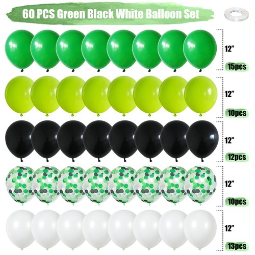 Green Black and White Balloons, 60 PCS Green and Black Balloons Set with Green Black White Confetti Balloons, Lime Green Balloons 12 Inch for Video Game Football Theme Party Kids Birthday Decorations