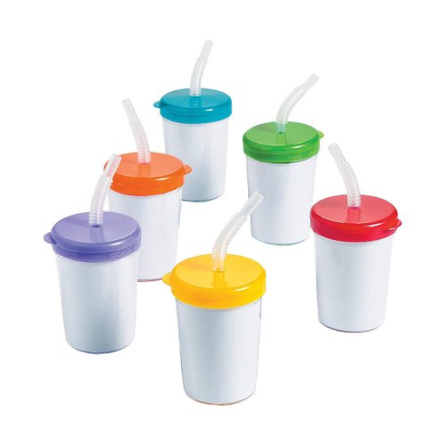 Fun Express Set of 12 Pieces DIY Cups with Lids and Straws for Kids, Holds 8 oz, BPA Free Plastic, Color Your own Craft Party Supplies, Multi-Color