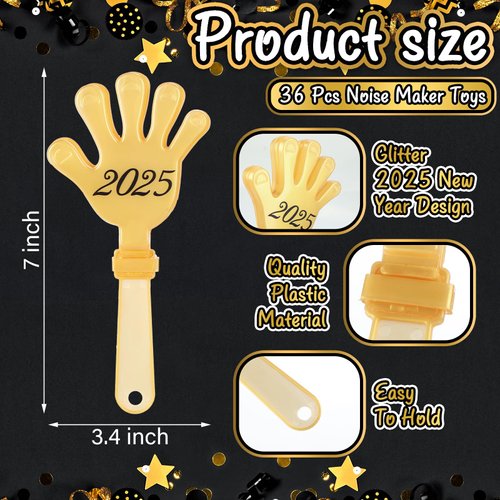 Gemscream 36 Pcs 2025 New Year Hand Clappers Noisemakers Glitter Hand Clappers Happy New Year Noisemakers Toy Plastic Clapping Hands for New Years Eve Graduation Birthday Party Supplies Favors, 7 Inch