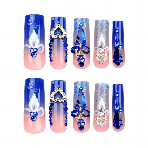 Rchovsam xl Long Press on Nails Square Fake Nails with Butterfly and Blue Diamond Glitter Diamond Stick on Nails with Gold Love Design Blue Rhinestone Glue-On Nails for Women 24pcs