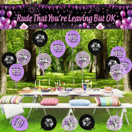 Rude That You're Leaving But OK Decorations Purple Black Coworker Leaving Decorations Coworker Goodbye Party Banner with 18 Pcs Balloons Retirement Decor for Going Away Farewell Leaving Party Supplies