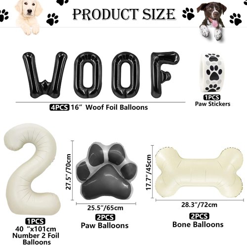 Dog Theme Balloons - 2nd Dog Birthday Party Decorations, 40 Inches Number 2 Foil Balloons, Paw and Bone Balloons, WOOF Letter Balloons, Paw Prints Stickers for Pet Kids Dog Birthday Party Supplies