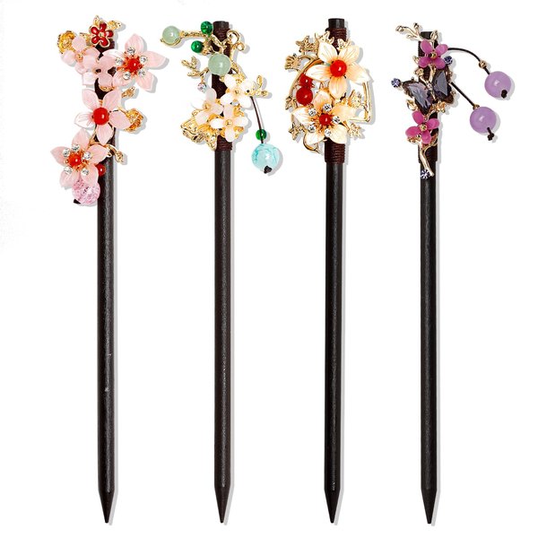 4 PCS Wooden Hair Sticks Chinese Traditional Flower Hair Sticks for Long Hair Hair Chopsticks for Women Girl Classic Vintage Flower