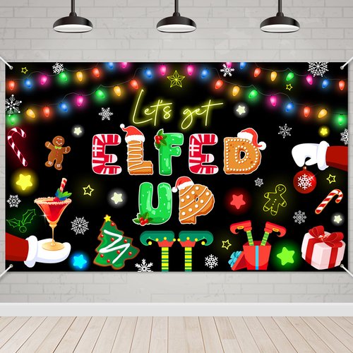 Avezano Let's Get Elfed Up Backdrop Xmas Kids Elfed Party Decorations Banner Elf Christmas Birthday Party Photography Background Winter Holiday Party Decoration Banner 70.8 x 43.3 Inch