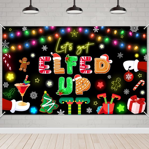 Avezano Let's Get Elfed Up Backdrop Xmas Kids Elfed Party Decorations Banner Elf Christmas Birthday Party Photography Background Winter Holiday Party Decoration Banner 70.8 x 43.3 Inch