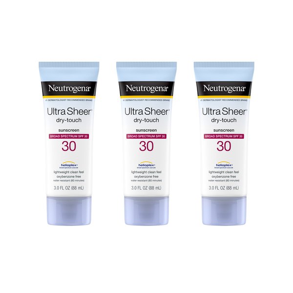 Neutrogena Ultra Sheer Dry-Touch Sunscreen Lotion, Broad Spectrum SPF 30 UVA/UVB Protection, Oxybenzone-Free, Water Resistant, Non-Comedogenic, Non-Greasy, Travel Size, 3 Fl Oz, Pack of 3
