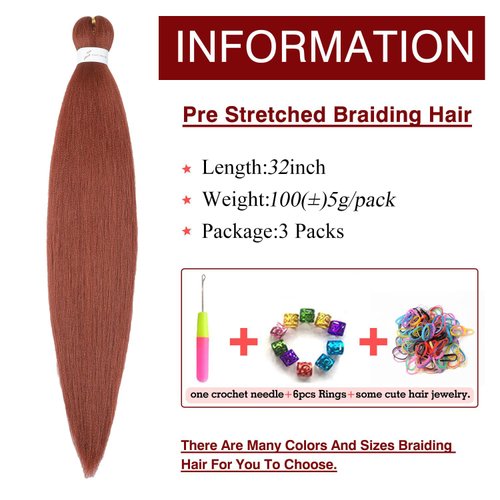 Ginger Braiding Hair Pre Stretched 32inch 3 Packs Copper Red Braiding hair Extensions Synthetic Crochet Braids, Hot Water Setting Professional Soft Yaki Texture. (32inch(3Packs),350#)