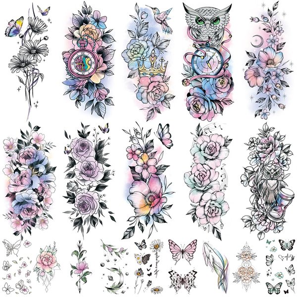 Oottati Waterproof Temporary Tattoo 10 Sheets Gradient Color Pink Blue Flower Owl Clock Butterfly Music Hourglass and 9 Sheets Small Cute Whale Flower