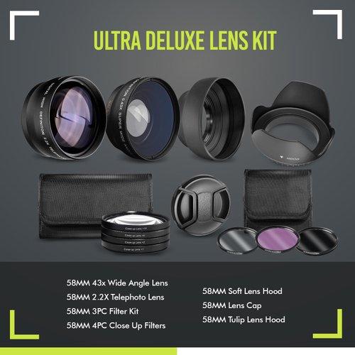 Ultra Deluxe Lens Kit for Canon Rebel T3, T5, T5i, T6, T6i, T7i, EOS 80D, EOS 77D Cameras with Canon EF-S 18-55mm is II STM Lens - Includes: 7pc 58mm Filter Set + 58mm Wide Angle and Telephoto Lens