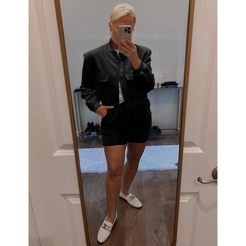 Faleave Women's Cropped Bomber Jacket Casual Street Button Down Varsity Jacket with Two Big Pockets(Black-S)