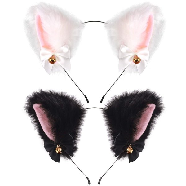 xipixiao Cat Ears Headband Cosplay Make Up Girl Plush Furry Neko Ears with Ribbon Bell Halloween Cosplay Party Headbands for Women Girls Adult Kids