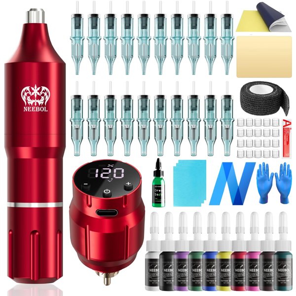 Neebol Wireless Tattoo Gun Kit, Rotary Tattoo Pen with 1500mAh Battery, Screen Display, 20 Cartridge Needles, 10 Inks, Complete Tattoo Gun Kit for Beginners and Professionals, Cordless Machine, Red