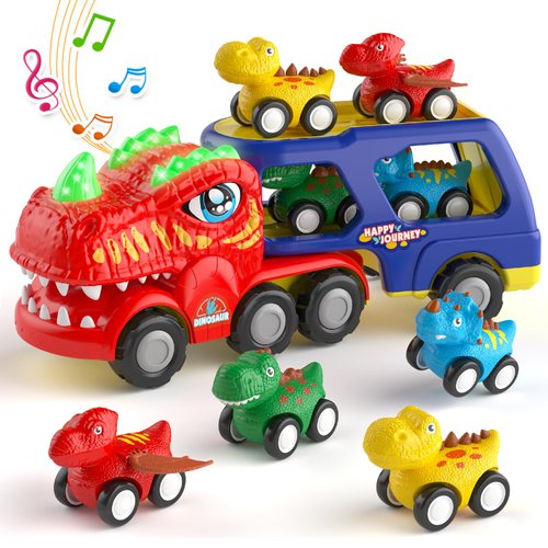newcrave Toddlers Cars Toys for 1 2 3 4 Years Old Boys, 5 in 1 Dinosaur Car Toys for Kids 2-4, Easter Birthday Gifts for Toddlers 1-3, Boy Toys Age 1-3 2-4, Dino Transport Truck with Light & Music